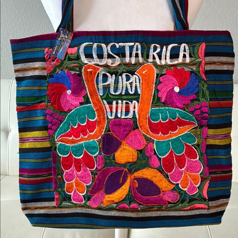 Colorful Embroidered Peacock Floral Costa Rica Pura Vida Artisan Large Tote Bag